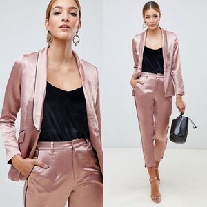 ASOS Little Mistress Satin Blazer Cigarette Pants Contrast Black Piping Copper